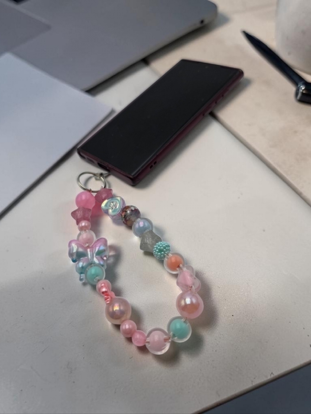 Handmade Pink & Blue Beaded Phone Charm – Cute Wrist Strap Accessory